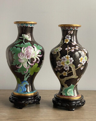 #ad 2 Noir Chrysanthemum Cloisonne 10” Vases Ruyi Lappet Pair Stands Vintage Chinese $199.00