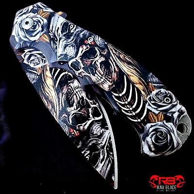 #ad 8.5quot; TACTICAL SKULL PRINT HANDLE SPRING ASSISTED FOLDING POCKET KNIFE Blade Open $15.95
