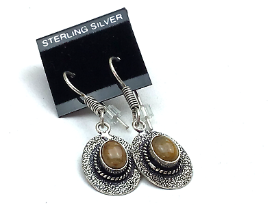 #ad Sterling Earrings Silver 925 Tiger#x27;s Eye Cabochon Gemstone Textured Pierced $20.00