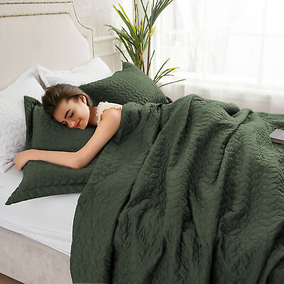 #ad Comforter Twin Queen King Quilt Set 3xGreen Leaves Printed Bedspread Bedding Set $43.99