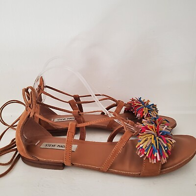 #ad STEVE MADDEN Swizzle Sandals 10 Brown Lace Up Fringe Pom Pom Shoes $15.88