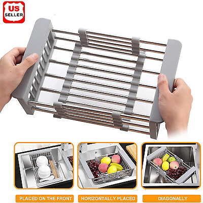 #ad Adjustable Stainless Steel Kitchen Dish Drying Sink Rack Drain Strainer Basket $14.98