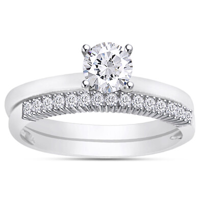 #ad 1.55 Ct Round Cut Engagement Wedding Ring Set Real 10K White Gold Matching Band $367.99