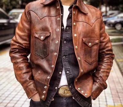 #ad Men#x27;s Genuine Lambskin Leather DISTRESSED BROWN VINTAGE Biker Jacket Shirt $119.99