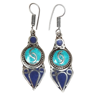 #ad Nepali Tibetan Turquise Lapis Lazuli Gemstone 925 Silver Jewelry Earring 1.5#x27;#x27; $14.39