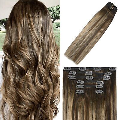 #ad Clip in Hair Extensions Human Hair Chocolate Brown To Dark Blonde Ombre Highl... $61.86