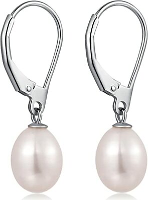 #ad 925 Sterling Silver Drop Hook Lever Back Freshwater Pearls Earrings 8MM $9.99