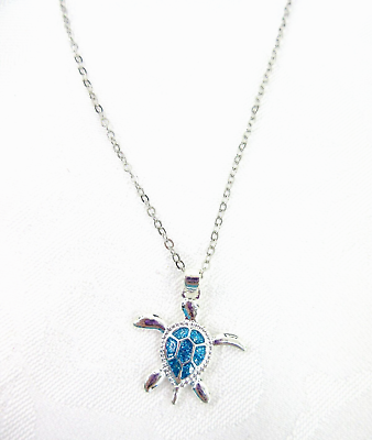 #ad Blue Opal Turtle Necklace Turquoise Sea 22quot; Silver Chain Beach Pendant Charm New $10.40