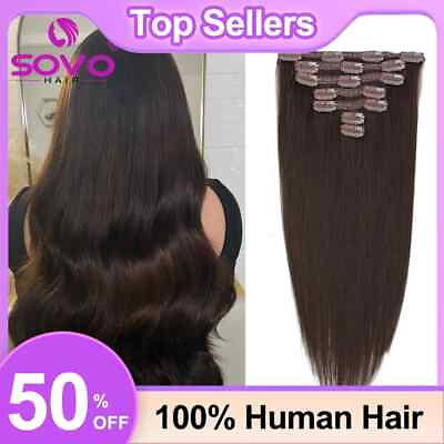 #ad Clip In Hair Extension Remy Human Hair Dark Brown Clip On HairPiece Full Head $261.05