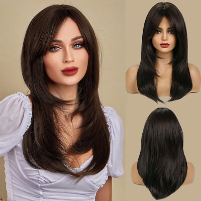#ad US Dark Brown Hair Wigs With Bangs for Women Long Layered for Party Daily Use $18.89