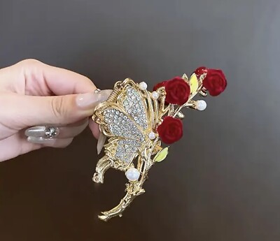 #ad USA VINTAGE Hair Claw Clip Rhinestone Crystal Hairpin Butterfly Elegant Red Rose $12.99