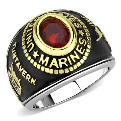 #ad Mens USA MARINES IP Gold Stainless Ring Red Oval Simulated Cubic Zirconia Stone $25.95