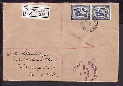 #ad AUSTRALIA 1946 REGISTERED COVER 3½d Blue PEACE stamp pair DUTY FREE US CUSTOM AU $4.50