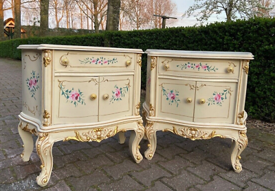 #ad A pair of antique Italian Baroque Rococo nightstands in cream or ivory beech $1305.00