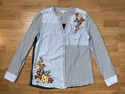 #ad Mystree Long Sleeve Button Front Embroidered Top Womens S Striped Rayon $8.48