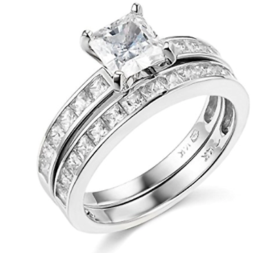 #ad 2.90 Ct Princess Engagement Wedding Ring Set Real 14K White Gold Matching Band $542.88
