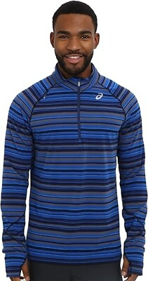 #ad Asics Mens Thermostripe Lightweight Thermal 1 2 Zip Top New Blue Stripe Large $47.99