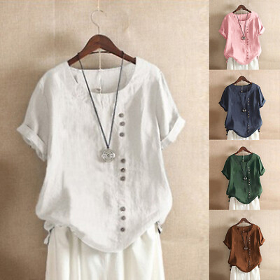 #ad Women Short Sleeve Solid Tops Ladies Cotton Linen Casual Shirt Loose Blouse US $14.81