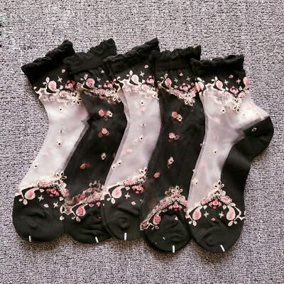#ad 10 Pairs Women Embroidered Lace Socks Sheer Thin Summer Dance Floral Stockings $25.80