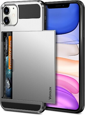 #ad iPhone 11 Case 6.1 Inch Wallet Credit Card Holder Dual Layer Bumper Silver Cover $19.98