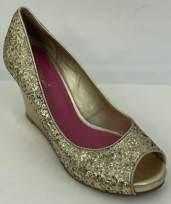 #ad Lilly Pulitzer Women#x27;s Gold Glitter Leather Peep Toe Wedge Heel Shoes Sz 8M $43.38