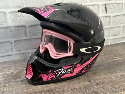 #ad Fox Tracer Pro Moto Helmet MX Pink Black Logo Sz M 57 58cm w Goggles $44.99
