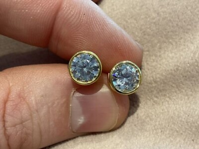 #ad 2.00Ct Moissanite Solitaire Round Cut Bezel Stud Earrings 14k Yellow Gold Plated $51.12