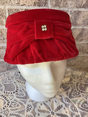 #ad Vintage Flapper Bucket Style Red Velvet Hat With Bow $19.99
