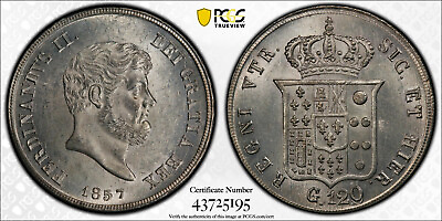 #ad 1857 ITALY. Naples amp; Sicily. 120 Gr Grani Ferdinand II PCGS MS63 only few finer $559.00