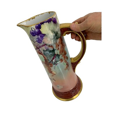 #ad Limoges WG Tankard Pitcher Vase Hand Paint Grapes France 15quot; Gold Pink 6564 $325.00