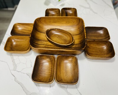 #ad Vintage Monkey Pod Bowl Plates Wood Trays Set Made In Philippines 10 Pcs Dish $89.00