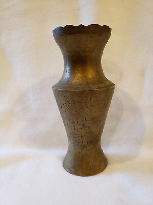 #ad Antique Hand Solid Etched Copper Vase 8.75#x27;#x27; tall $55.00