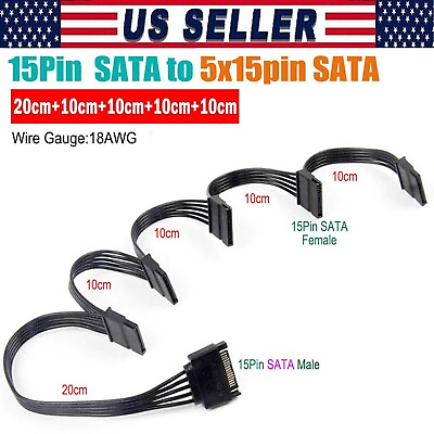 #ad 15 Pin SATA Power Y Splitter Cable Adapter Extension 1 Male to 5 Female for HDD $7.99
