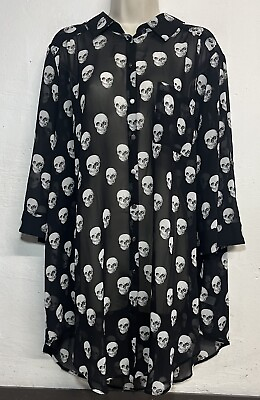 #ad Torrid 2 Button Up Tunic Blouse Sheer Black Skull Print 3 4 Sleeve Top $10.00