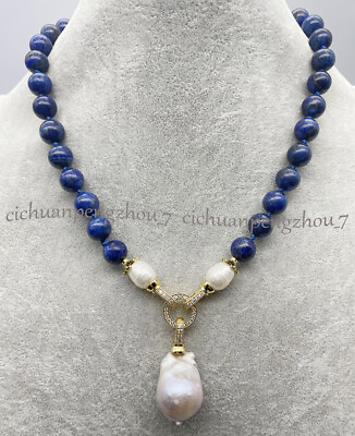 #ad Natural Blue Lapis Lazuli Gems Beaded White Keshi Baroque Pearl Pendant Necklace $26.98
