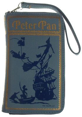 #ad Peter Pan Wallet Blue Gold Zip Up Wristlet Gift J M Barrie Purse Book Quote Card $29.95