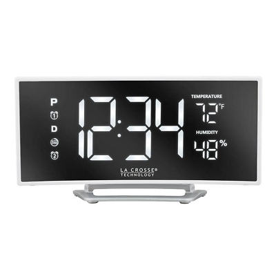 #ad Digital LED Alarm Clock W Temperature amp; Humidity Curved Mirror USB Port Plastic $29.42