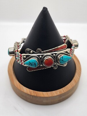 #ad Turquoise And Coral chip inlay ethnic tribal boho Tibetan Bracelet Unisex $27.76