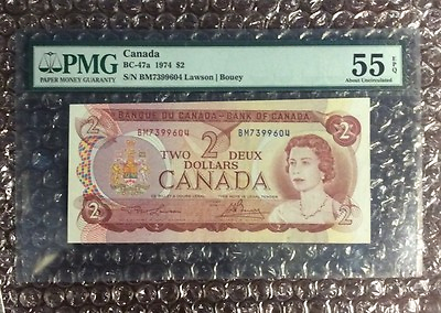 #ad 1974 $2 Canada Note BC 47a Lawson Bouey PMG 55 Exceptional Paper Quality amp; Error $274.99