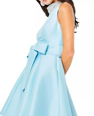 #ad Badgley Mischka Beaded Halter Bow Midi Dress $685 Blue *4 Flare Gala Oscar $299.00