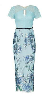 #ad $795 New Marchesa Notte Sequins Embroidered Gown Tiffany Blue Lace Dress 8 14 $350.00