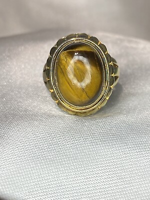 #ad Sterling Silver 925 Tiger#x27;s Eye Gold Tone Cabochon Ring $40.00