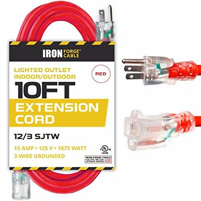 #ad 10 Ft Lighted Extension Cord 12 3 SJTW Heavy Duty Red Outdoor Extension Cable $16.98