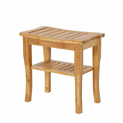 #ad 2 Tier Bamboo Shower Seat Bench Bathroom Spa Bath Chair Stool with Storage Shelf $44.99