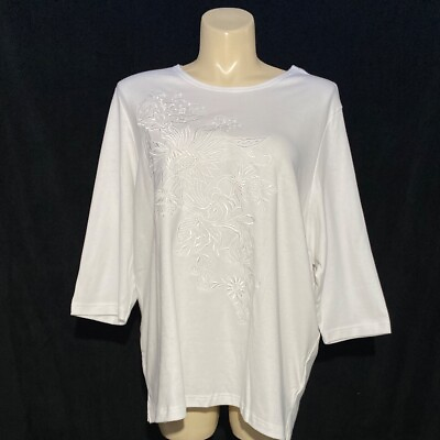 #ad Blair 3XL New Top Tee Shirt True White Embroider Floral 3 4 Sl Stretch Comfy $32.95