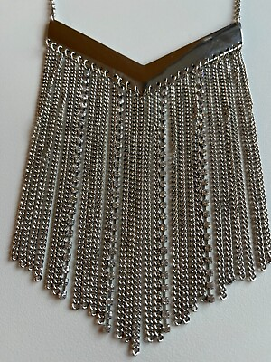 #ad Bib Necklace Silver Tone and Rhinestone Tassel Fringe Chain Chevron $11.00