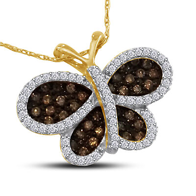 #ad Round Brown amp; White Natural Diamond Butterfly Pendant Necklace 14k Yellow Gold $1349.19