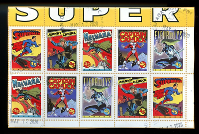 #ad 🍁 SUPERHEROS Superman 10x stamps light cancels Souvenir Sheet used Canada $6.00