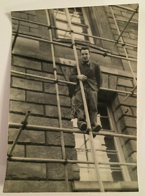 #ad Vintage Unusual Bamp;W Photo of Man Standing on Scaffolding #4202 $4.99