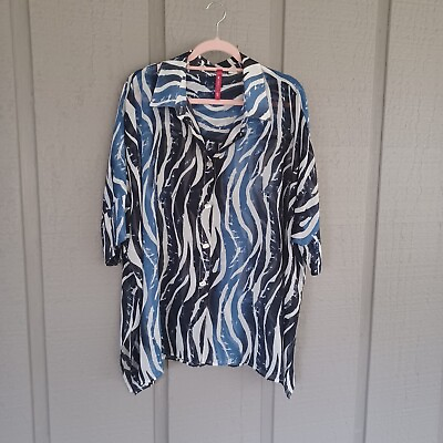 #ad IC By Connie K Print Button Front Top Size L Women Collar Semi Sheer $33.00